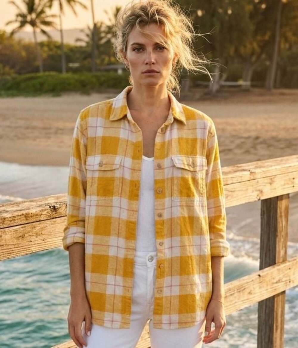 Old Navy Yellow Plaid Flecked Boyfriend Flannel Shirt Size S
